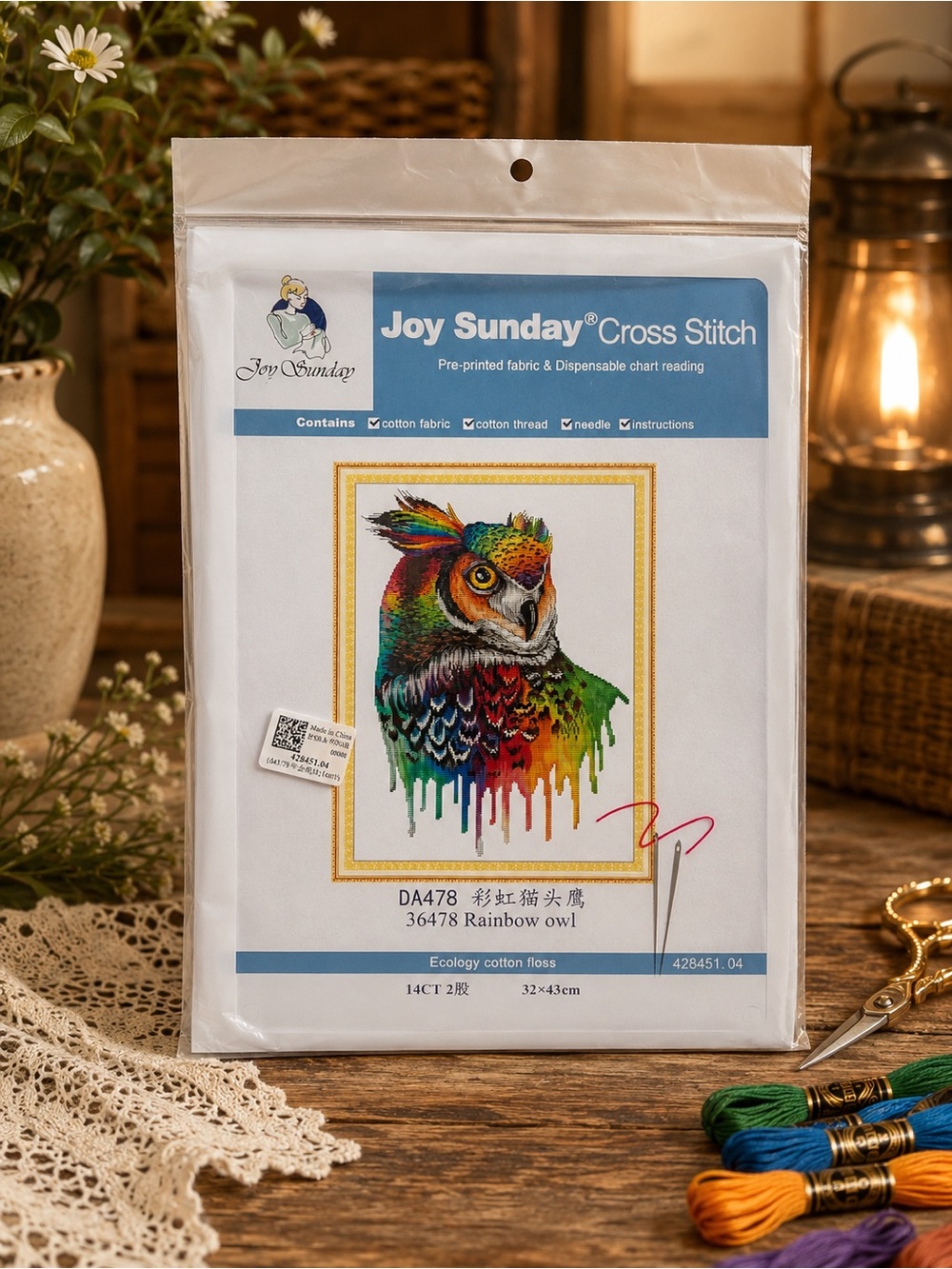 Joy Sunday Rainbow Owl Cross Stitch Kit - Multicolor NWT.